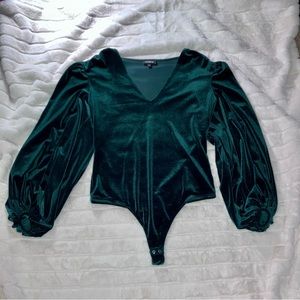 EXPRESS Dark Green Velvet Balloon Long Sleeve Bodysuit L